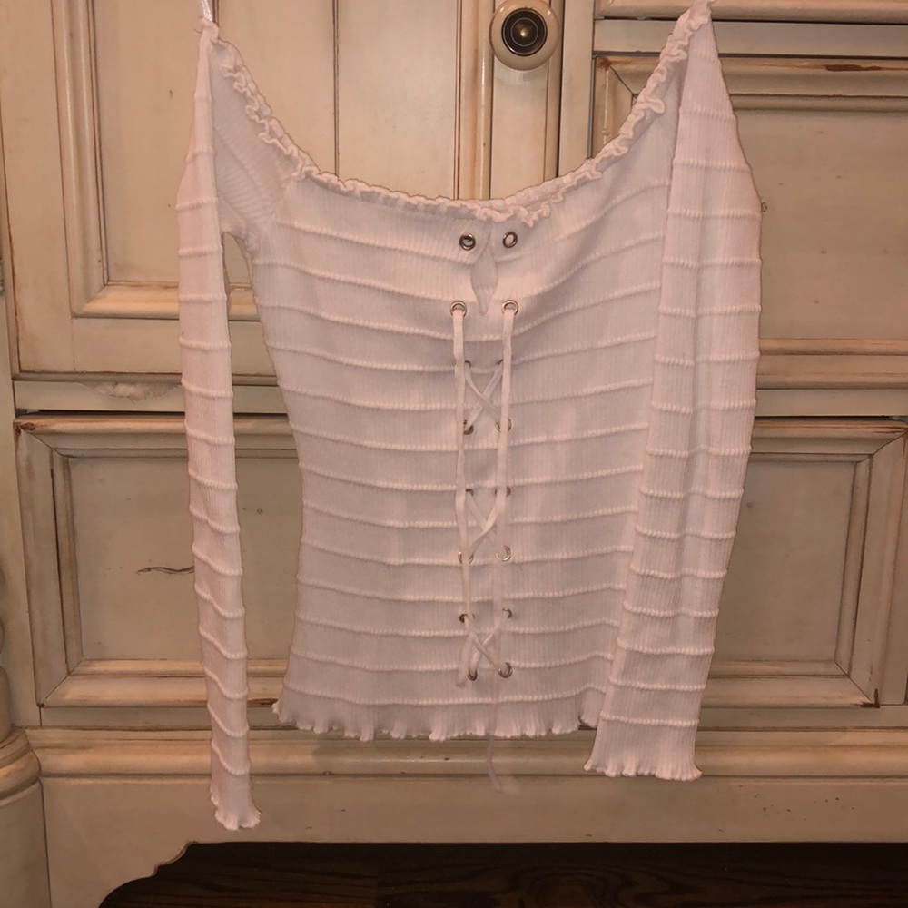 cotton off the shoulder white tie up long-sleeve